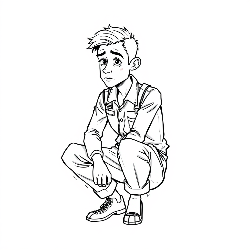 shy nervous small 18 year old european skinny man, long sleeves coveralls, tense fabric, squatting, mesmerized, side view, detailed feet, 2D, caricature, cartoon, Sketch lines, coloring book, coloring book