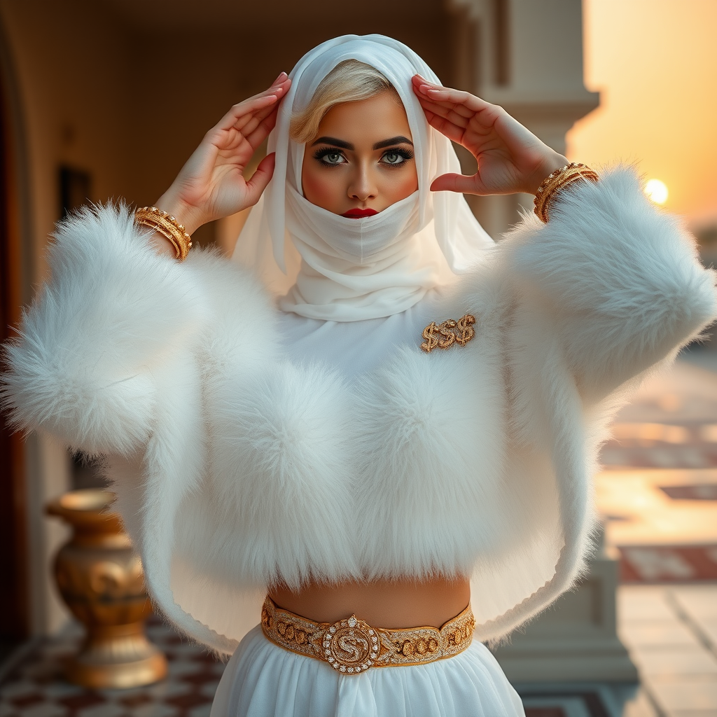 Kuwait desert palace harem patio misty dawn: Melissa, European 17 years old very convincing femboy “trophy-bimbo”, tamed servile docile, very beautiful feminine flawless face, rather short, by hormones very curvaceous womanly figured, platinum blond short tight curls, bold red lips, heavily made-up face, wearing Supertanya-style fluffy very fuzzy bright white angora turtleneck-poncho cropped ending under bust decorated with pearls and gemstones, striking oriental wide gold bridal protection belt, white fully transparent harem pants, full Oriental bridal jewelry, face covered by white sheer full Burka, coin anklets, striking diamond “$$$” letter brooch on left chest, pout frustrated, seductively dancing hands over her head, looking at camera. Focus on face and turtleneck-poncho.