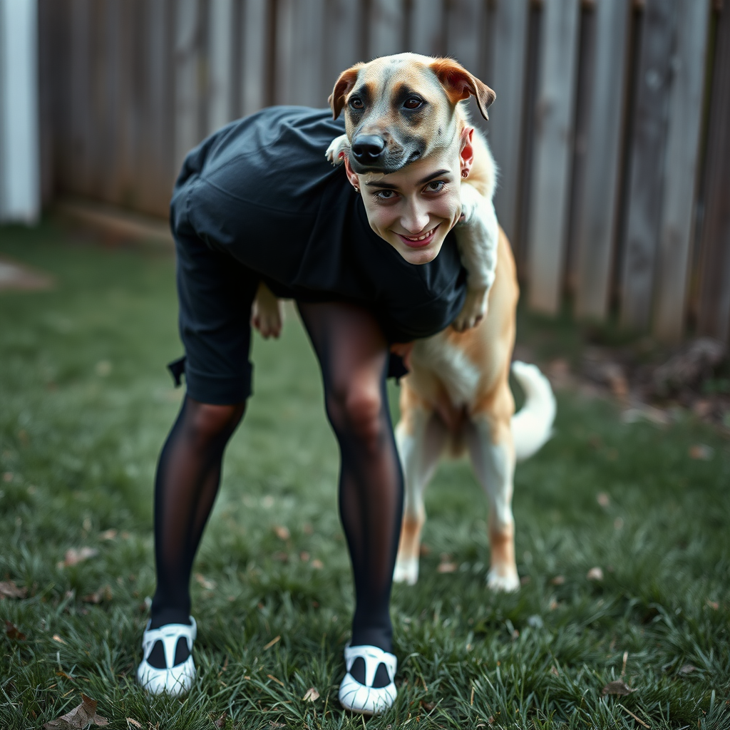 photorealistic, ultra high resolution, 16K, surreal fantasy, studio lighting, a pretty 16 year old goth male, slim male physique, short blonde hair, goth makeup, earrings, pantyhose, white ballet shoes, playing with his dog in the yard - he is bending forward, while the dog stands up behind him and rests its paws on the boys shoulders, excited smile, facing the camera.