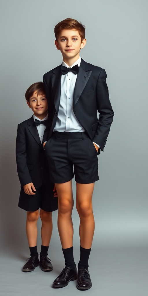 a tall 12yo teen boy, wearing black bow tie, white shirt, black formal suit with matching very tight knee shorts, tube socks, shoes, long legs, narrow thighs. full-length view. light gray background. Family photo in studio. 1980s. photorealistic, ultra high resolution, 16K, Negative: grainy, blurry, bad anatomy, extra limbs, watermark.