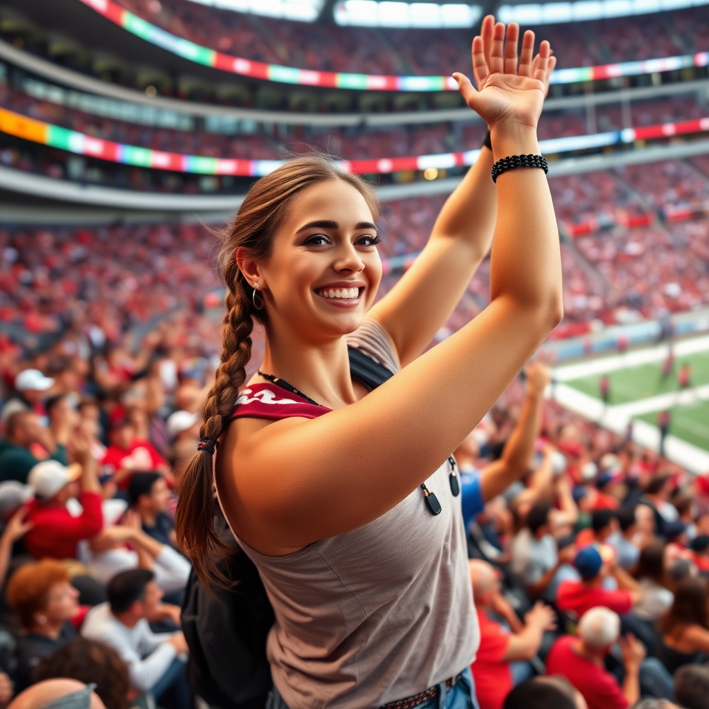 Attractive female NFL fan, pigtail hair, inside bleachers row, crowded, jumping, arms waving in the air, NFL stadium