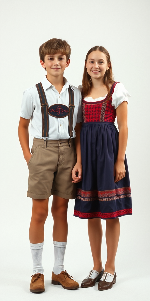 A 11yo teen boy, wearing shirt, shortest lederhosen, tube socks, shoes, long legs, narrow thighs. With a girl wearing traditional floor long dress. full-length view. studio background. Family photo. 1980s. photorealistic, ultra high resolution, 16K, Negative: grainy, blurry, bad anatomy, extra limbs, watermark.