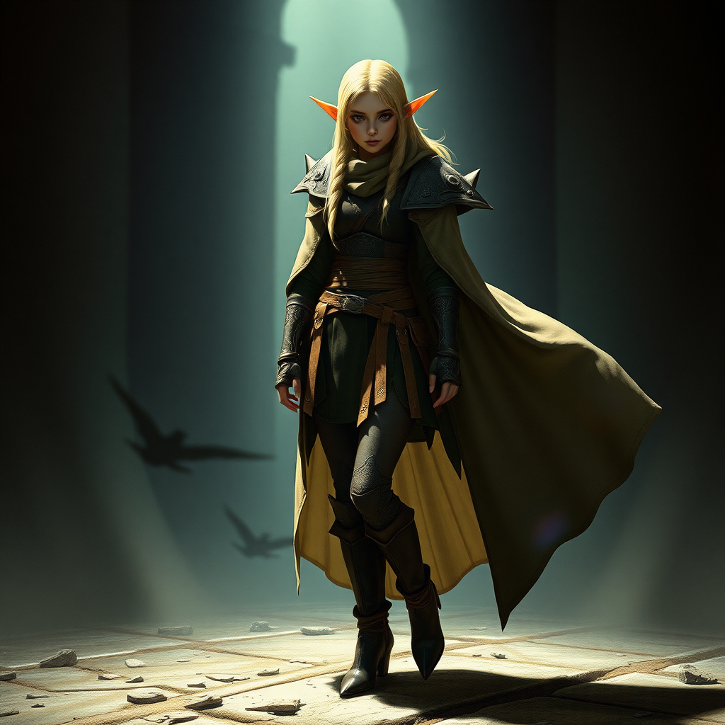 A twenty-something elf girl like (Deedlit from Record of Lodoss War), a character come to life. wide triangular shoulder pads, flowing cloak, leather armor, skirt, high heel ankle boots. Photorealistic digital matte painting, highly detailed, film grain, lens flare, chromatic aberration.