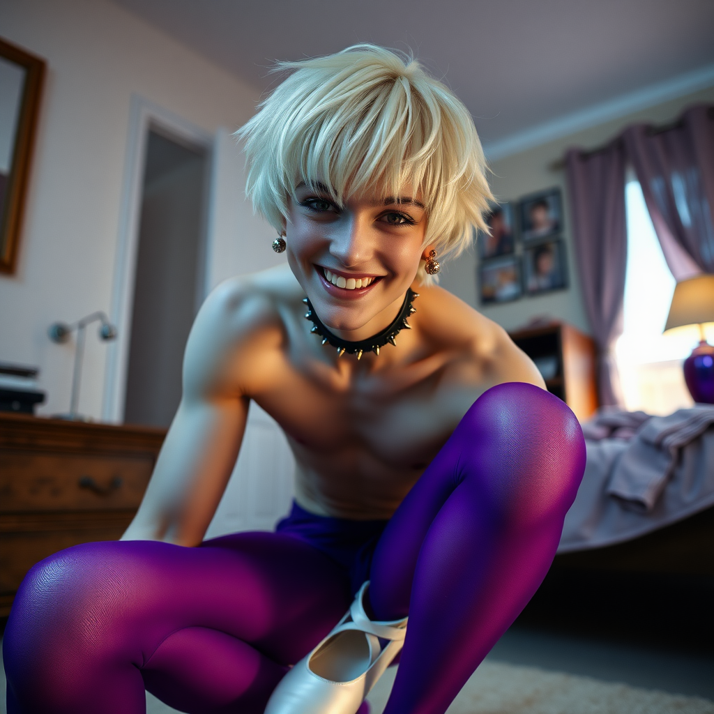 photorealistic, ultra high resolution, 16K, surreal fantasy, studio lighting, a pretty 14 year old goth male, slim male physique, short blonde hair, goth makeup, earrings, glossy purple pantyhose, white ballet shoes, spikey neck collar and leash, in the bedroom, excited smile, facing the camera.