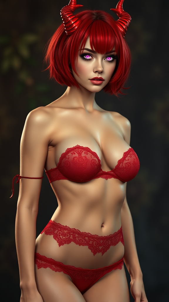 Sexy hot seductive women, perfect body, large breast, she has short-red hair, 2 demon horns, pink glowing eyes, she is naked and wearing 2 red-gem tit coverings, and micro-micro red underwear.