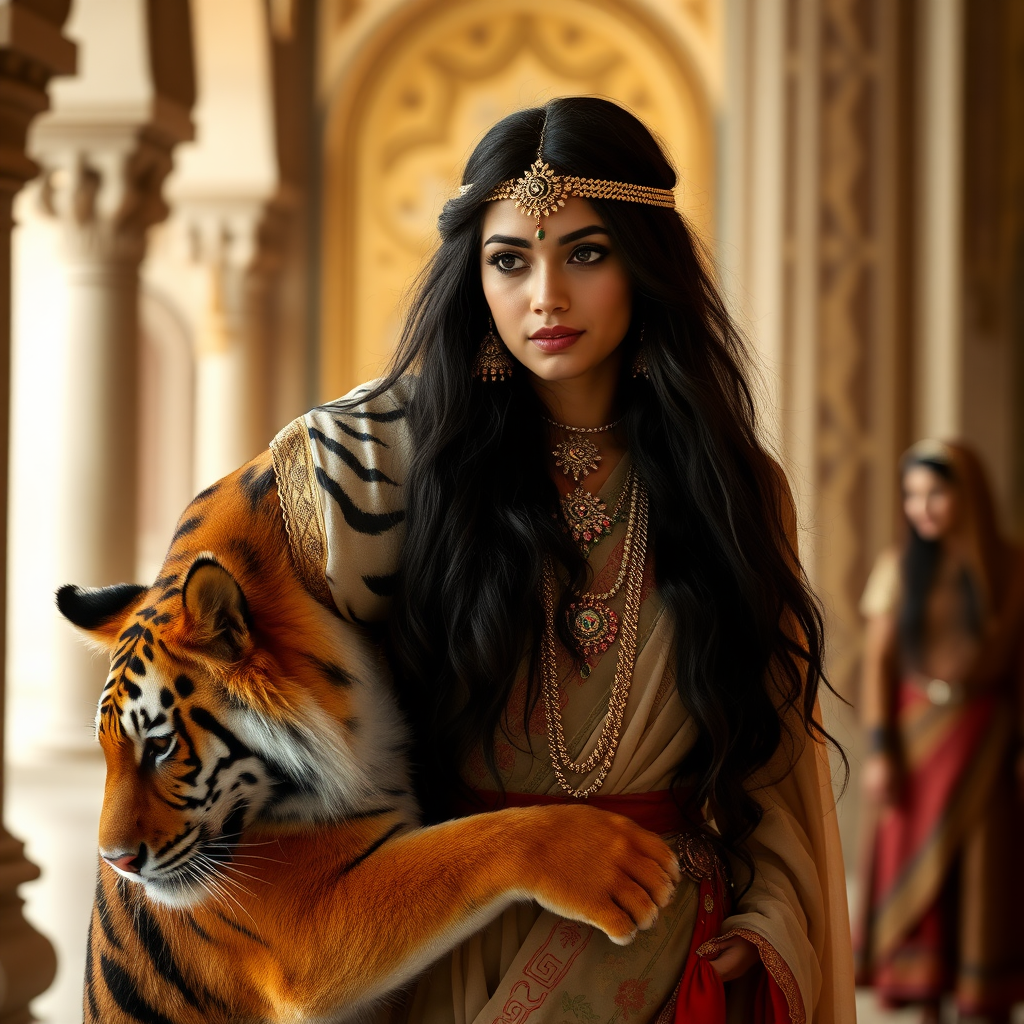 An Arabic princess of 19 years standing in the palace. Long black hair. A tiger on her side is rubbing his head at her waist. Photo.