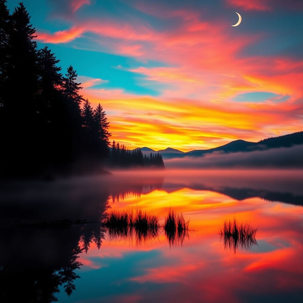 Majestic early morning scene by a tranquil lake, showcasing a captivating sunrise with vibrant hues of deep orange, warm pink, and serene blue blending into the sky. The water reflects this breathtaking palette, creating a mirror-like effect, emphasizing the calmness of the scene. Silhouettes of tall pine trees line the left side, their dark shapes contrasting against the colorful sky. Wisps of clouds add texture and depth, while a crescent moon hangs in the sky, enhancing the tranquil atmosphere. Mist hovers over the water, softening the landscape and adding a layer of mystery to the serene view. Capture this image in hyperrealistic style, focusing on the interplay of light and color, with sharp details in the reflections and textures of the scenery.