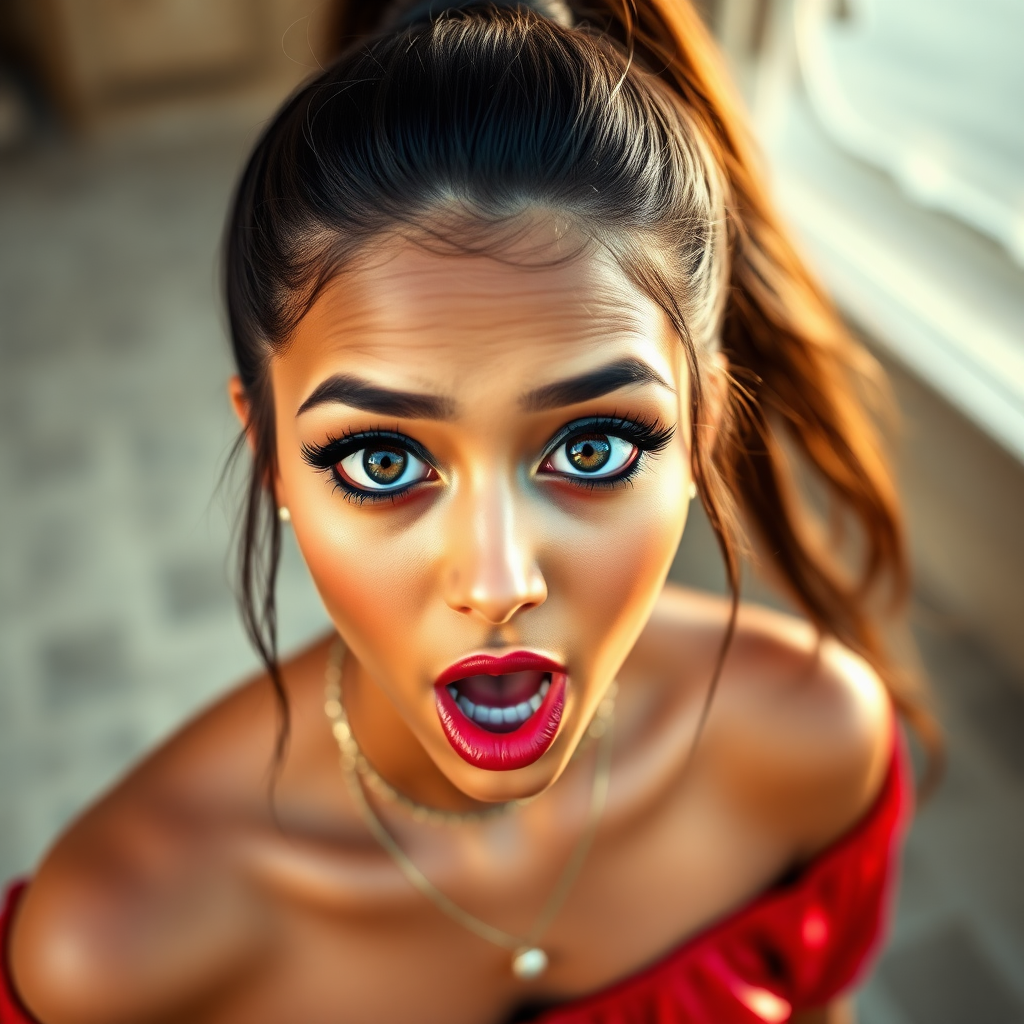 surprised Arabian girl with mouth open. She has very large eyes, black eyeshadow, black eyeliner, fake eyelashes, very tanned skin, very long hair. very high ponytail, red off shoulder shinny crop top. photo realistic