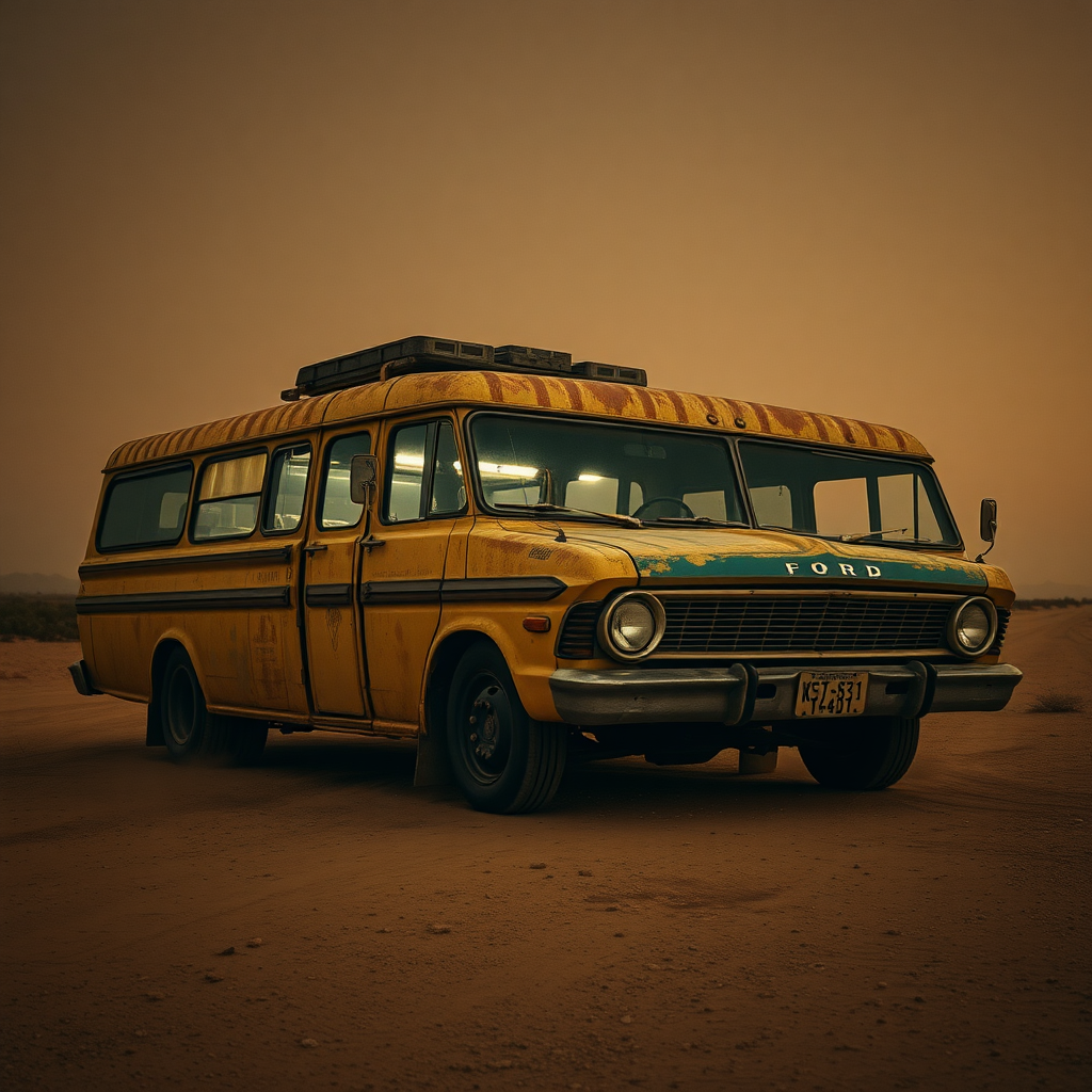 Ford Falcon Mad Max post-apocalyptic night dust rusty the bus is parked on the side of the road, inspired by Taiyō Matsumoto, tumblr, restomod, nd4, c4