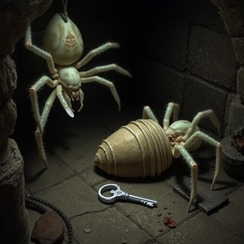 A dark basement medieval cellar with two large white spiders with red highlights crawling around and a cocooned human body in the center of the floor with a silver key sitting beside the body.