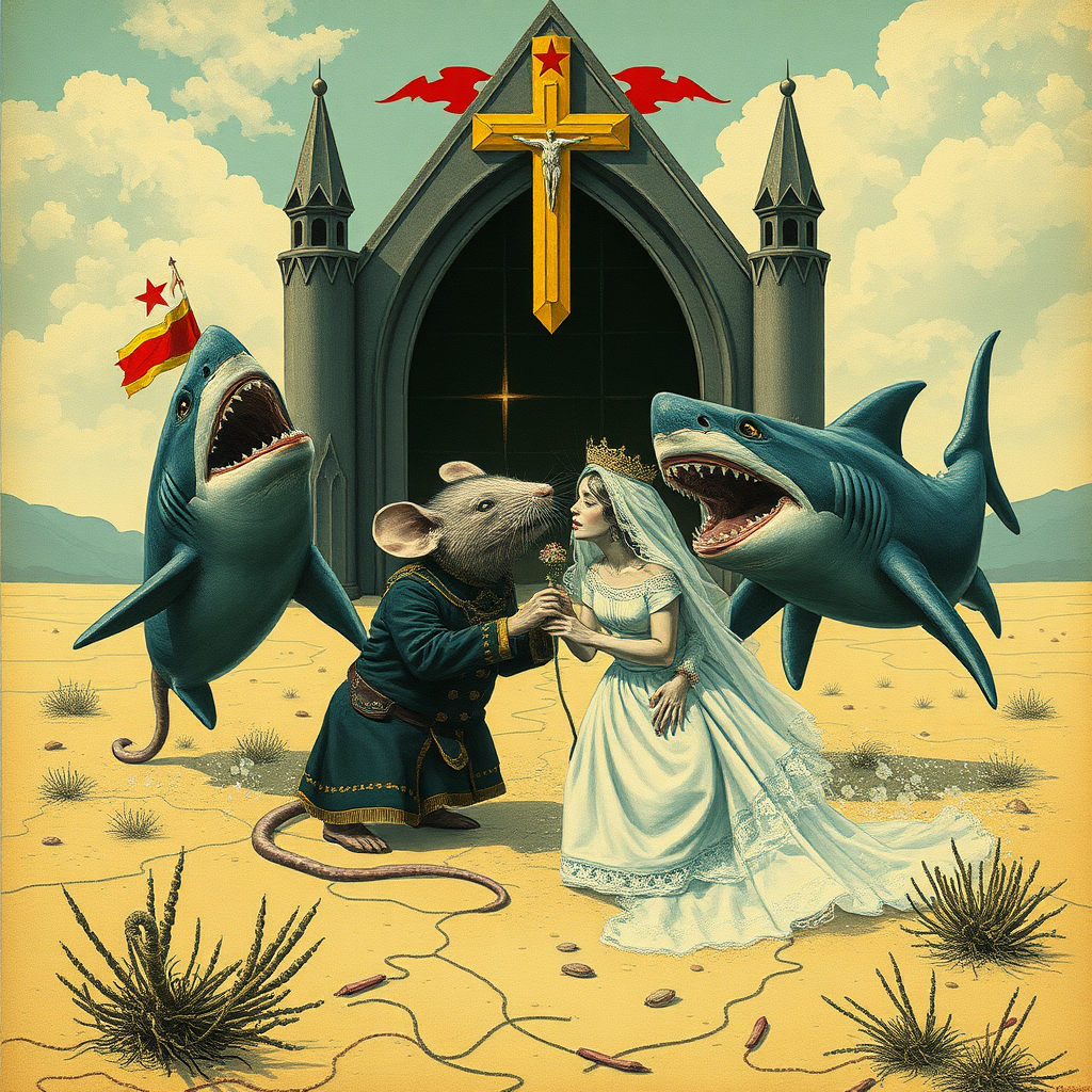 A rat wedding being attacked by sharks, Catholic, Soviet propaganda poster, steam punk, no text, Lovecraftian, in the desert