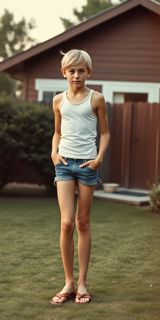 photorealistic, ultra high resolution, 16K, a tall skinny 14 yo teen boy wearing tank top, booty shorts. Long legs. At backyard. Full length view. Vintage family photo, 1970s.