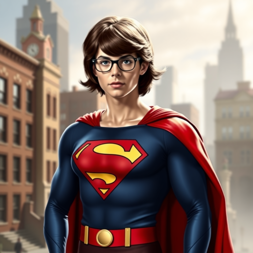 Create a full-length image of a hybrid character featuring Velma Dinkley’s head and hair on Superman's body. Preserve Velma's distinct facial features while using Superman's physique. Adjust Velma’s costume to fit Superman's proportions, ensuring it complements the new form without blending. Design the background to harmonize elements from Velma’s mystery-solving adventures and Superman's heroic universe, combining iconic settings in a seamless and visually engaging way. Focus on clarity and creativity in the portrayal of this distinctive character fusion.