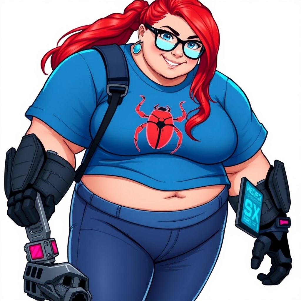 A 28-year-old, full-figured computer hacker and tech wiz girlfriend of a cyberpunk vigilante. Her long ruby-red ponytail, and striking, bright blue eyes make her stand out. Her wrecking ball-sized midsection, sequoia-sized limbs, and broad shoulders define her full figure, which has been heavily pampered by her doting boyfriend. Her nerdiness is blatantly obvious, and she serves as her boyfriend’s tech expert.

As the loyal and supportive sidekick, she plays a crucial role in their missions, using her digital and technological prowess to assist and protect. She wears an oversized maximum blue t-shirt adorned with a maximum turquoise beetle chest icon, black oversized eyeglasses, matching maximum blue biker pants, and black high-tech gloves. She beams with a neon red blush, holding a futuristic wrench and a digital holographic tablet. She is on a solid white background. She is drawn as if she was in a retro 2D cyberpunk fighting game. Her proportions are broadened and bloated to emphasize her figure.