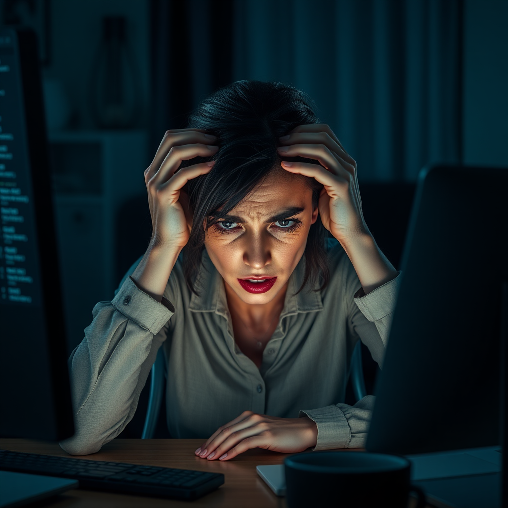 Create a realistic scene of a desperate woman sitting in front of a computer. Her posture should reflect frustration, with her hands either on her face or gripping her head. Her surroundings are a typical home or office workspace, with dim lighting adding to the tense and stressful mood. The computer screen could show error messages, glitches, or something causing her distress. The woman’s expression should be a mix of anxiety, exhaustion, and despair, with subtle attention to facial details like furrowed brows or clenched jaws.