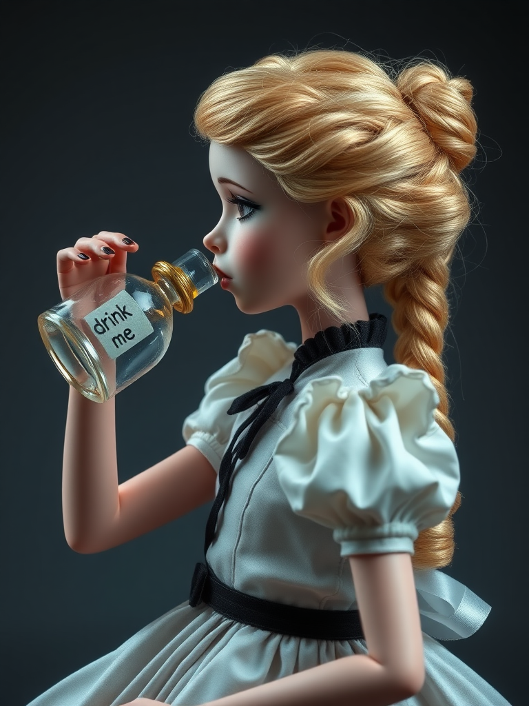 Alice in Wonderland, drinking from a flask that is labeled "drink me", in profile, ooak art doll, artist doll, realistic doll, life-like porcelain doll, unique personality, stunning eyes, bisque doll, portrait photography, low key lighting, dept of field, studio photography, full body shot, lively pose