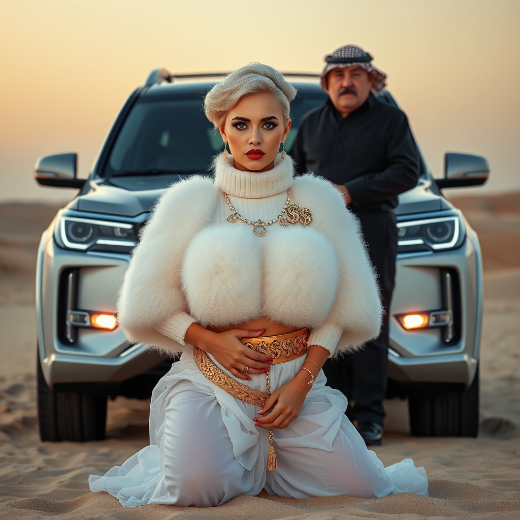 Kuwait desert dunes misty dawn, full size luxury SUV: Melissa, European 17 years old very convincing femboy “trophy-bimbo”, tamed servile docile, very beautiful feminine flawless face, rather short, by hormones very curvaceous womanly figured, platinum blond short tight curls, bold red lips, heavily made-up face, wearing Supertanya-style fluffy very fuzzy bright white angora turtleneck-poncho cropped ending under bust decorated with pearls and gemstones, striking oriental wide gold bridal protection belt, white fully transparent harem pants, full Oriental bridal jewelry including headpiece, nose-ring, coin anklets, striking diamond “$$$” letter brooch on left chest, pout frustrated, hands tied behind back, kneeling in sand in front of SUV, looking at camera. Focus on face and turtleneck-poncho. Standing behind Melissa: older overweight tall proud sheik, approvingly padding Melissa.