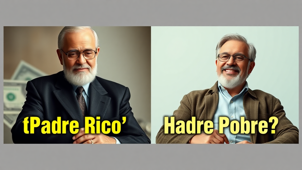 Design a YouTube thumbnail focusing on financial lessons. The thumbnail should show two contrasting images of father figures—one representing traditional views on money (serious, formal), and the other symbolizing wealth-building strategies (relaxed, confident). Use a split-screen style to emphasize the contrast. Include bold, minimal text that says: '¿Padre Rico' 'Padre Pobre?' in large, clear font. The background should include elements related to finance like cash, coins, or graphs, without overwhelming the viewer. The tone should be motivational, engaging, and educational.