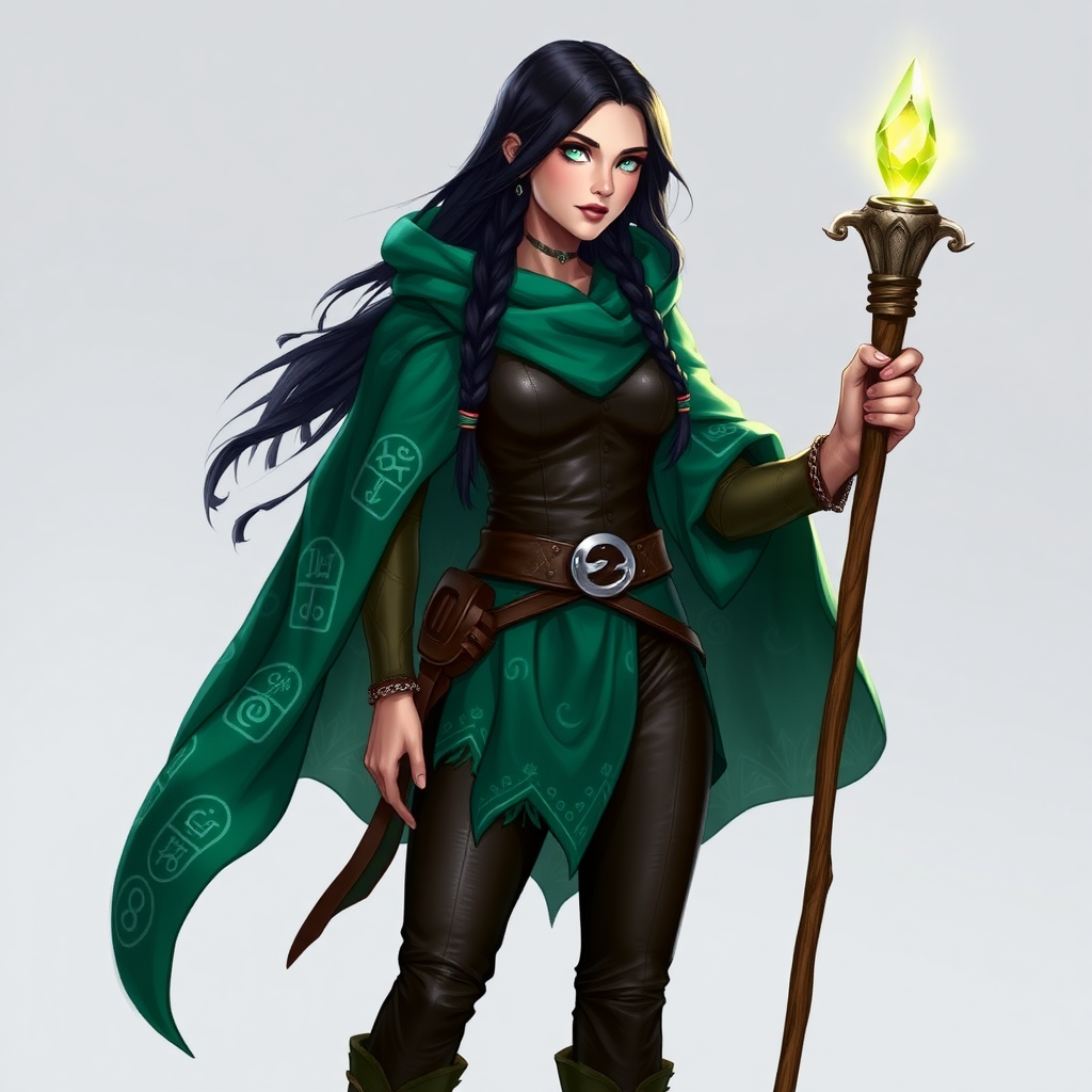 Name: Elara Windwhisper  
Gender: Female  
Age: 28  
Clothes: Elara wears a flowing emerald green cloak adorned with silver runes that shimmer in the light. Underneath, she has a fitted leather tunic and trousers, perfect for agility and stealth. Her long, dark hair is braided with small feathers and beads, and she carries a slender wooden staff topped with a glowing crystal, symbolizing her connection to nature and magic.