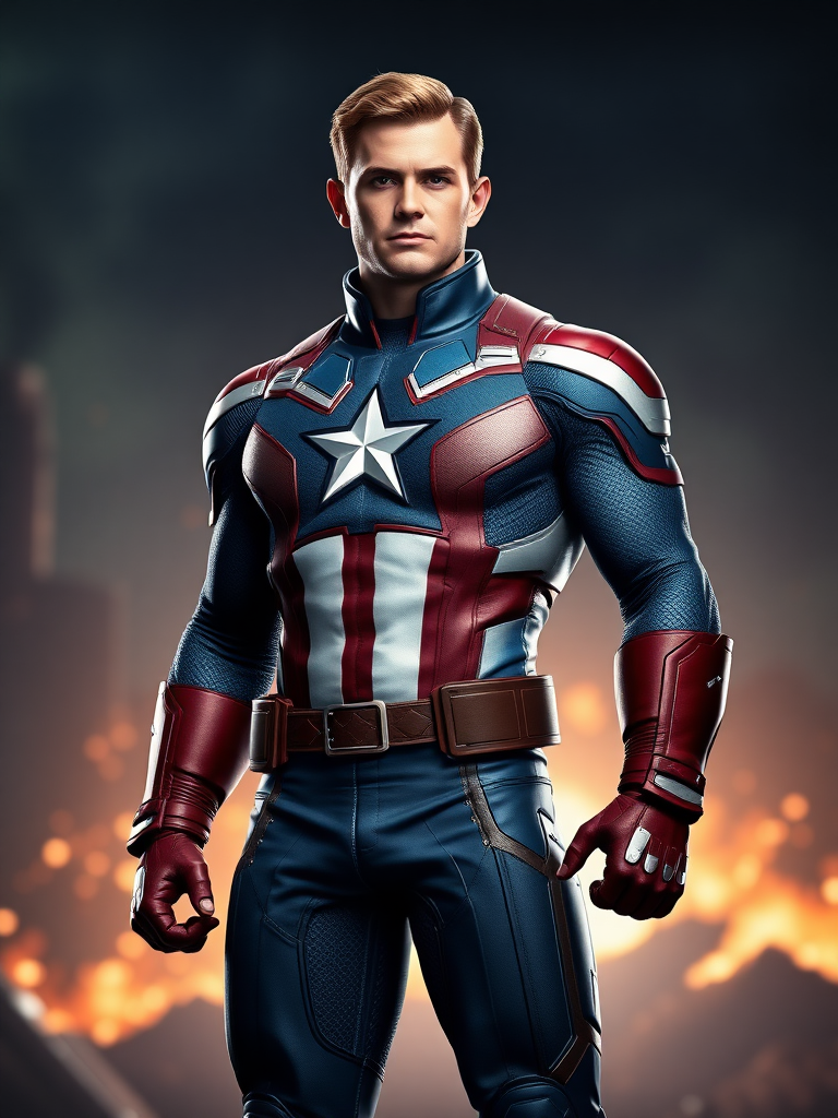 Create a hyper-realistic full-length render of Steve Rogers featuring the body type of Power Girl. Maintain the original head while modifying the silhouette to reflect Power Girl's physique. Position the character in a background that harmoniously blends elements relevant to both characters, capturing their heroic essence. Focus on details such as costume textures, lighting, and shadows to enhance realism, ensuring the final image showcases both strength and personality.