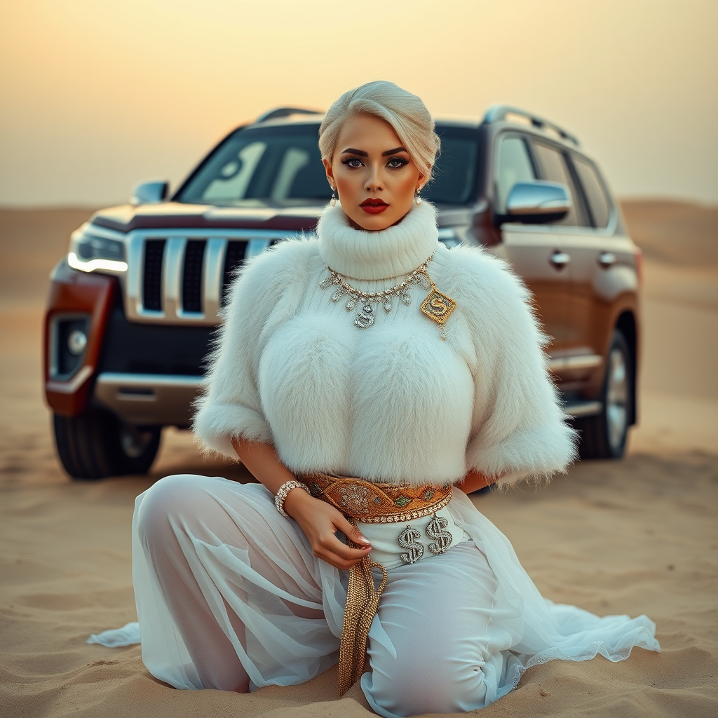 Kuwait desert dunes misty dawn, full size luxury SUV: Melissa, European 17 years old very convincing femboy “trophy-bimbo”, tamed servile docile, very beautiful feminine flawless face, rather short, by hormones very curvaceous womanly figured, platinum blond short tight curls, bold red lips, heavily made-up face, wearing Supertanya-style fluffy very fuzzy bright white angora turtleneck-poncho cropped ending under bust decorated with pearls and gemstones, striking oriental wide gold bridal protection belt, white fully transparent harem pants, full Oriental bridal jewelry including headpiece, Battoulah face veil, coin anklets, striking diamond “$$$” letter brooch on left chest, pout frustrated, hands tied behind back, kneeling in sand in front of SUV, looking at camera. Focus on face and turtleneck-poncho.