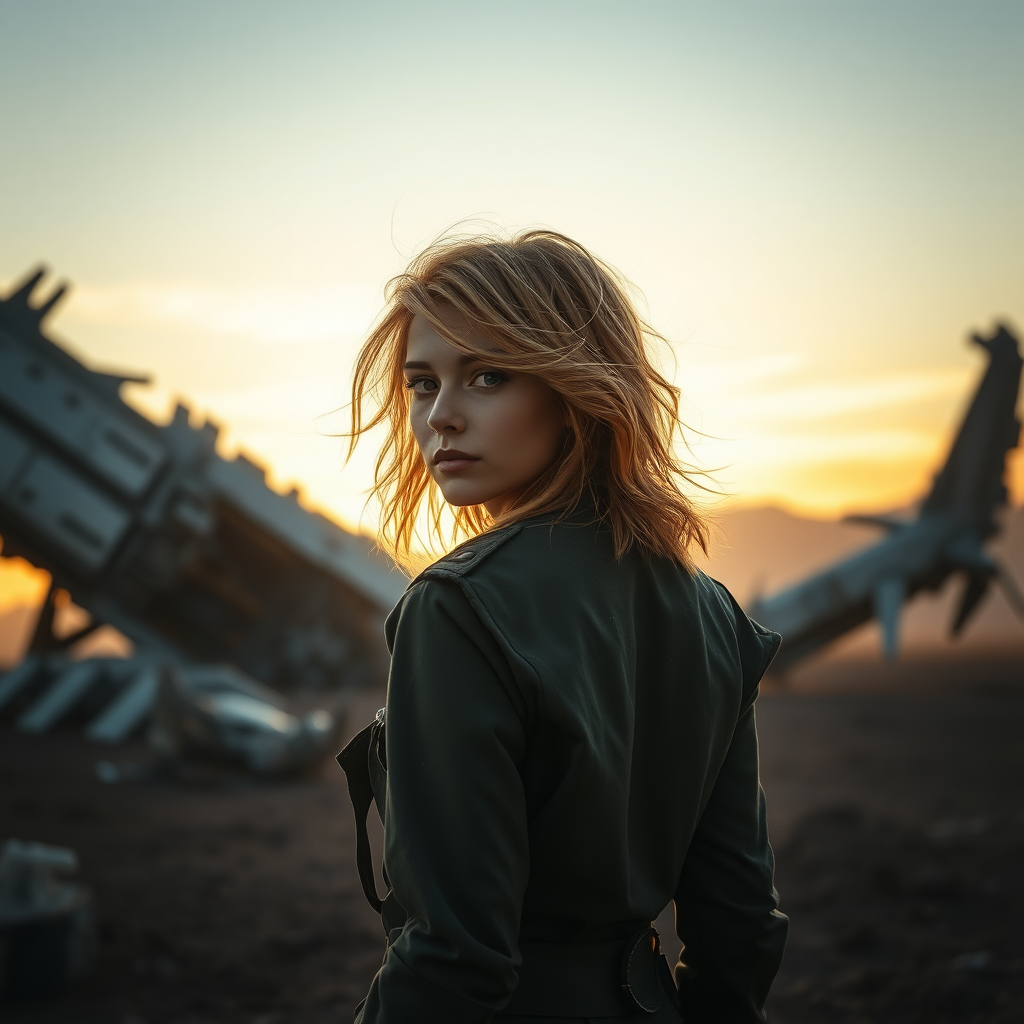 A full body shot from behind of a pretty twenty-something female with a face resembling (Ana de Armas). Strawberry blonde messy shoulder length hair tussled by wind. Military outfit. It is dawn. There is a giant crashed spaceship out of focus in the background. A giant robot is tearing pieces off of it. Hyper-realistic, photorealistic digital matte painting, soft focus, film grain, lens flare. Gritty, dirty, scuffed.