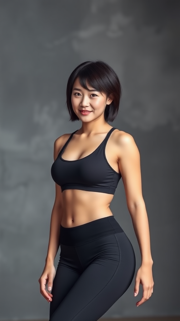 A beautiful Chinese woman, short hair, full figure, small chest, yoga pants.