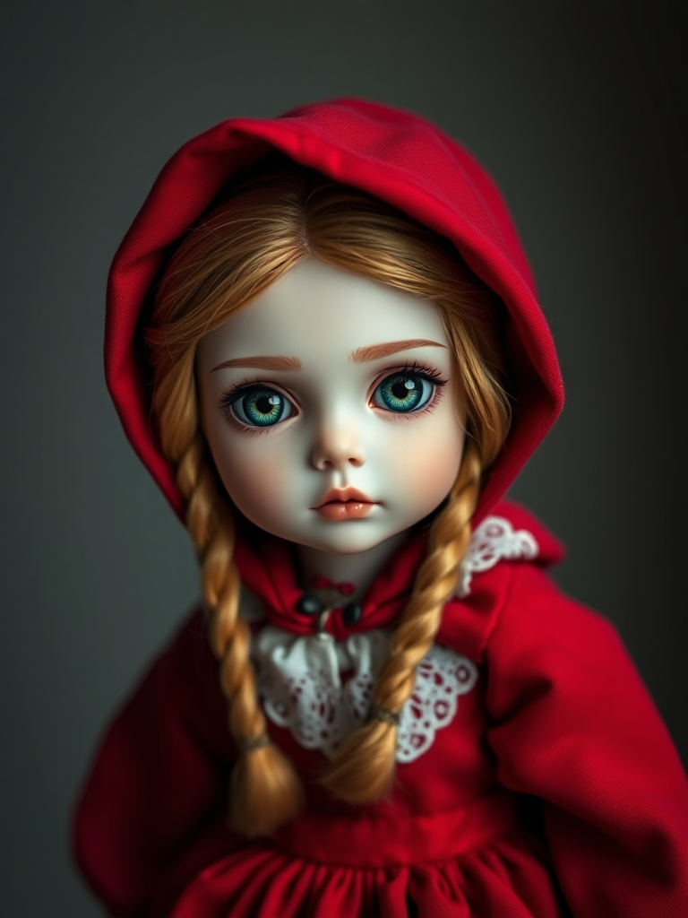 red riding hood 1989 movie, ooak art doll, artist doll, realistic doll, life-like porcelain doll, unique personality, stunning eyes, bisque doll, portrait photography, low key lighting, dept of field, studio photography, full body shot, lively pose