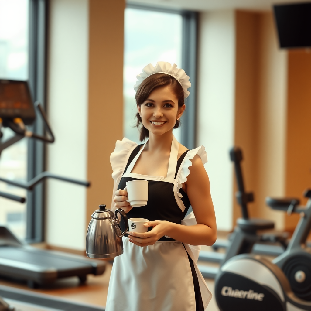 french maid, serving coffee in gym