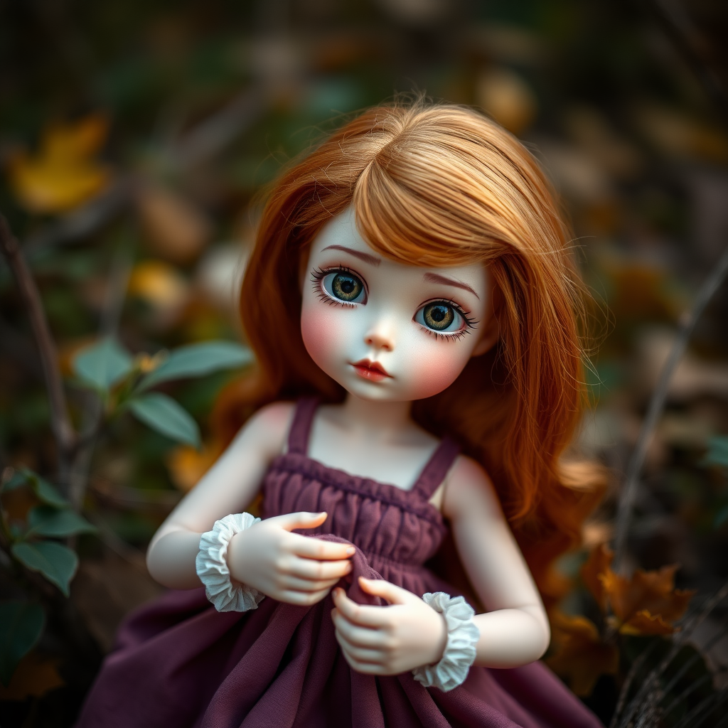 ooak art doll playing with her dress in nature, shy flirting with the camera, head tilted, questioning look, bisque doll, artist doll, realistic doll, life-like porcelain doll, symmetric, original, unique personality, dynamic, cinematic scene, centered, dept of field, low key lighting, preteen ginger girl, balanced colors, autumn, stunning eyes, matte texture