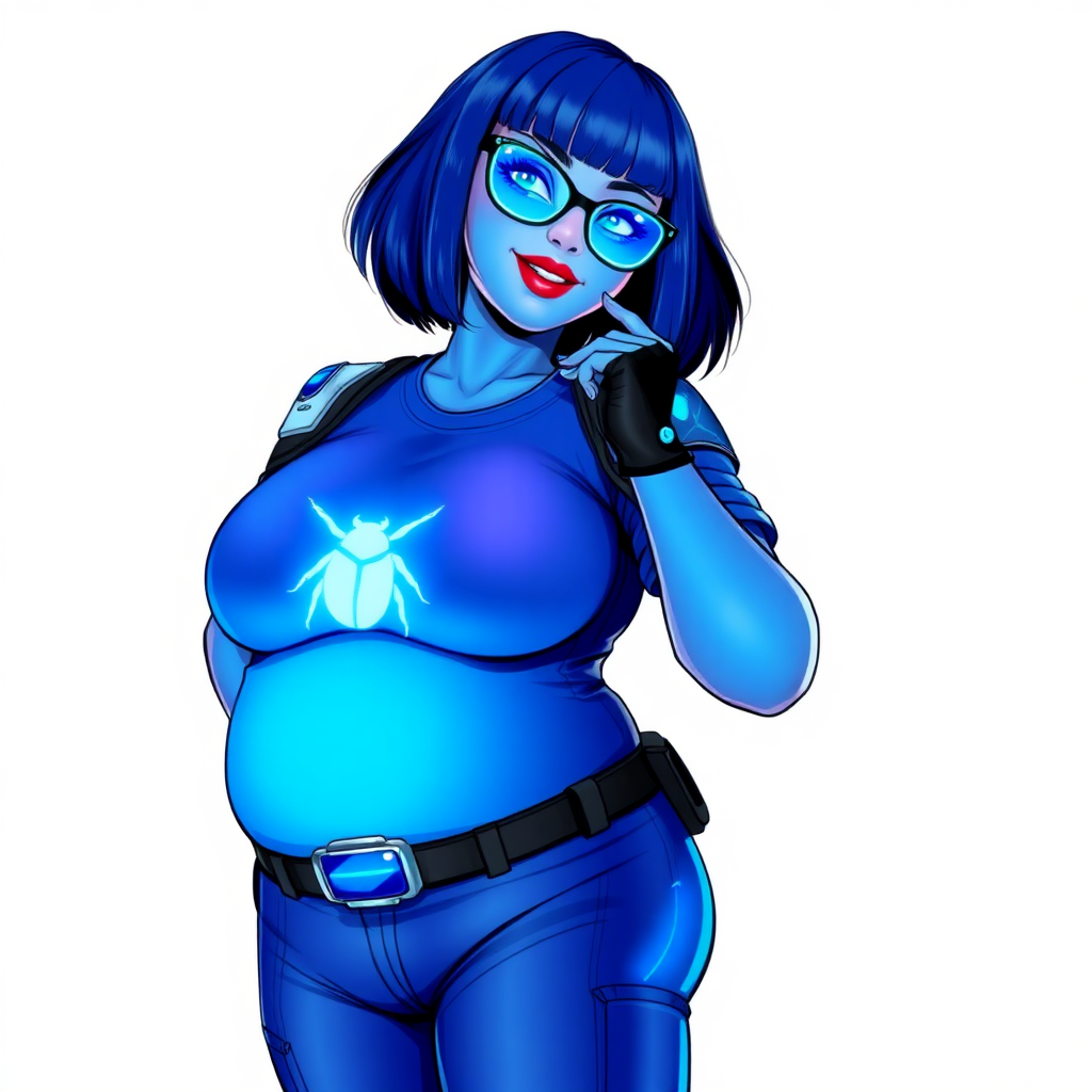 A 28-year-old, full-figured, metallic maximum blue (5PB 5/10) skinned computer program hybrid with a maximum blue bob cut. She has a non-athletic build, highlighted by a prominent, round, large midsection (with emphasis on her belly), which shows the effects of her new love of junk food acquired from her boyfriend. As the full-figured, nerdy, digital sidekick to her cyberpunk vigilante boyfriend, her metallic maximum blue skin and maximum blue lipstick (5PB 5/12) emphasize her digital nature. Her skin has a subtle, animated glow, with digital patterns occasionally flickering across it, making her digital nature obvious. She wears a digital, computerized costume, consisting of a huge, tight-fitting, maximum blue t-shirt (5PB 5/12) made out of advanced nanotech with a neon blue glowing chest icon of a beetle, hi-tech shoulder pads with neon blue accents, a black hi-tech belt with a digital neon blue glowing buckle, digital maximum blue biker pants (5PB 5/12) with neon blue accents, and black hi-tech fingerless biker gloves with neon blue glowing accents. Her neon blue glowing eyes, black eyeglasses with neon blue glowing lenses equipped with a built-in HUD, and bashful smile with neon red blush accentuate her nerdiness. She stands bashfully with one hand behind her back and the other hand gently touching her cheek, her costume covering all her skin and emphasizing her full-figured physique (especially her belly). She is clearly non-athletic, with a focus on her full-figured physique. Despite her build, she radiates beauty. She has a slim face compared to her physique, accentuating her radiant beauty. She is on a solid white background. She is drawn as if she were in a retro 2D cyberpunk fighting game.