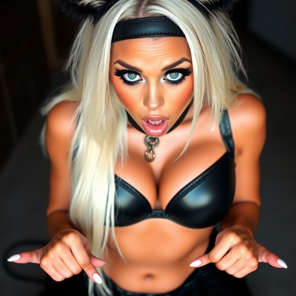 surprised blonde with mouth open. She has very large eyes, black eyeshadow, black eyeliner, fake eyelashes, very tanned skin, very long bleached blond hair. Very thick black leather choker with a metal ring. She has extremely huge cleavage. Her choker is attached to a leash. black fluffy kitty ears headband. very tanned skin with slightly orange tint. She look at the camera with pity eyes. She has extremely large eyes. Pale bleached blond hair. Black push-up bra with extremely huge breast. She is kneeling on her knees. Shiny black latex pencil skirt. showing her nails. Her both hands are flat and pointing down.