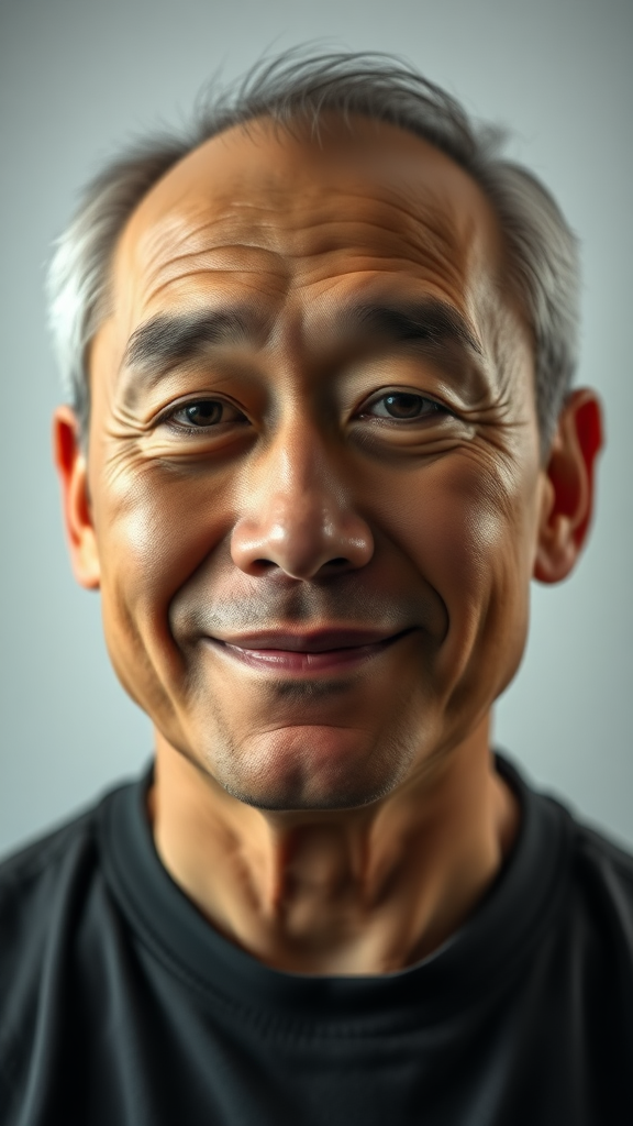 the face of an asian 38 year old man, closed-mouth smile