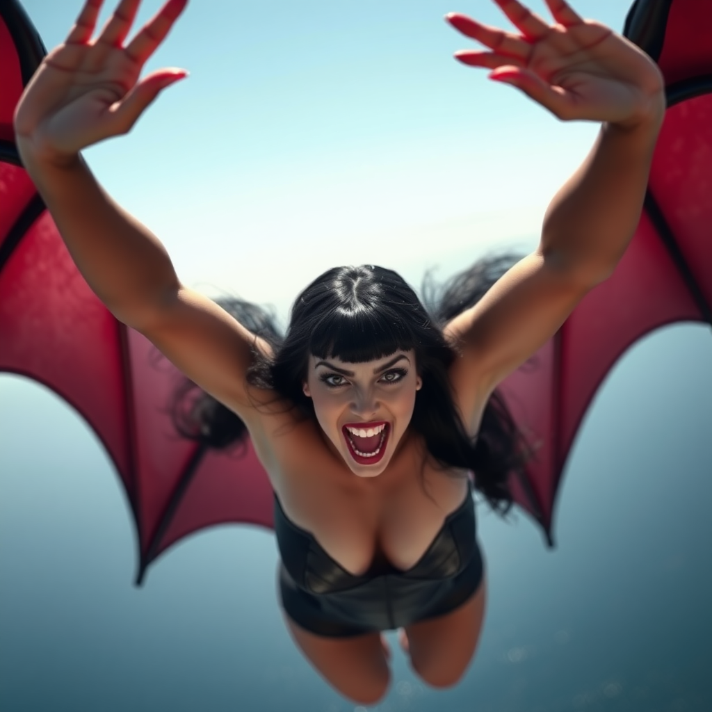 Create a HQ photographic image of Vampirella. She is flying with both hands extended over her head. She is facing the viewer. The background consists of a vast expanse of sea, with nothing else visible on the horizon. Her fangs are exposed. HD DSLR Photo