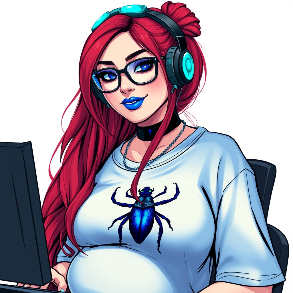 A cyberpunk vigilante’s full-figured intelligent and tech-savvy 28-year-old girlfriend, who is a computer hacker and tech genius. She has a long ruby red ponytail. She wears maximum blue lipstick, bright blue eyes, a sapphire beetle gemstone necklace, sapphire earrings, black eyeglasses, and an oversized maximum blue t-shirt featuring a blue sapphire gemstone crusted beetle chest icon. She has a full-figured physique with a prominent, massive, round belly, reflecting her well-cared-for lifestyle. She sports a sapphire headset with a hi-tech maximum turquoise lensed HUD, and a shy smile with a neon red blush. She serves as his tech expert from his hideout, diligently working at her lab table computer desk. The background is solid white. She is drawn as if she was in a retro 2D cyberpunk fighting game. Ensure her t-shirt covers her belly.