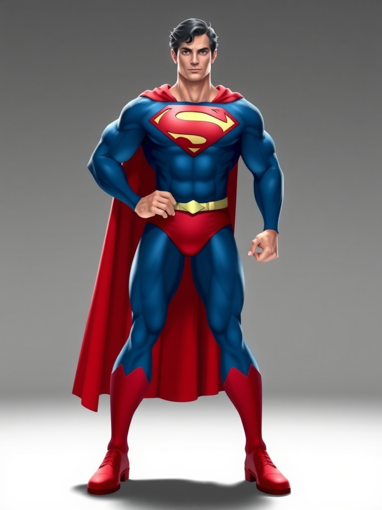 Generate a full-length image of Superman with the body type of Juliet Starling, keeping his head intact. Modify the silhouette to reflect the change. Pose him dynamically. Make the background an appropriate setting for both characters.