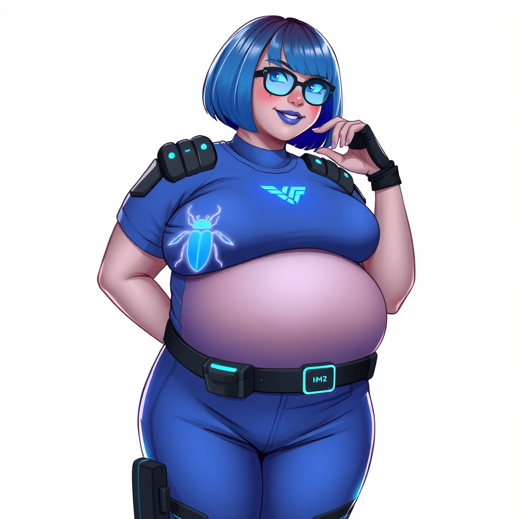 A 28-year-old, full-figured, metallic light neutral gray (N7) skinned computer program hybrid with a maximum blue bob cut. She has a non-athletic build, highlighted by a prominent, round, large midsection (with full emphasis on her large belly), which shows the effects of her love of junk food acquired from her boyfriend. As the full-figured, nerdy, digital sidekick to her cyberpunk vigilante boyfriend, her metallic light neutral gray skin and maximum blue lipstick (5PB 5/12) emphasize her digital nature. Her skin has a subtle, animated glow, with digital patterns occasionally flickering across it, making her digital nature obvious. She wears a digital, computerized costume, consisting of a huge, tight-fitting, maximum blue t-shirt (5PB 5/12) with a neon blue glowing chest icon of a beetle, hi-tech shoulder pads with neon blue accents, a black hi-tech belt with a digital neon blue glowing buckle, digital maximum blue biker pants (5PB 5/12) with neon blue accents, and black hi-tech fingerless biker gloves with neon blue glowing accents. Her neon blue glowing eyes, black eyeglasses with neon blue glowing lenses equipped with a built-in HUD, and bashful smile with neon red blush accentuate her nerdiness. She stands bashfully with one hand behind her back and the other hand gently touching her cheek, her costume covering all her skin and fully emphasizing her full-figured physique (especially her large belly). She is clearly non-athletic, with a full focus on her full-figured physique. Despite her build, she radiates beauty. She has a slim face compared to her physique, accentuating her radiant beauty. She is on a solid white background. She is drawn as if she were in a retro 2D cyberpunk fighting game.