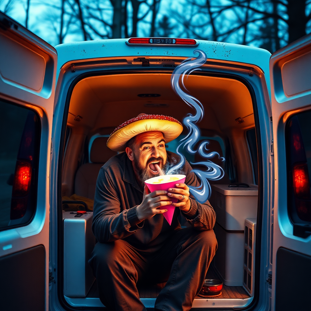 A man is consuming magic mushroom inside his white van. A genie pops up and granting him 3 wishes.