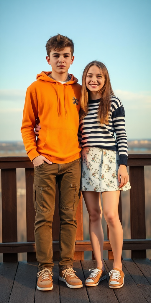 A realistic photo of a 14yo teen boy and girl. Russians. Long legs. Full length view.