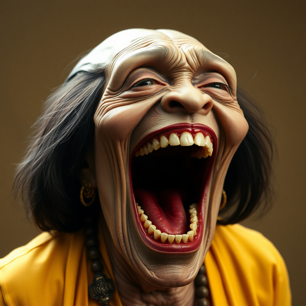 Kamala Harris lookalike old fat ugly female alien laughing with behemoth-size mouth, showing big rotten teeth,