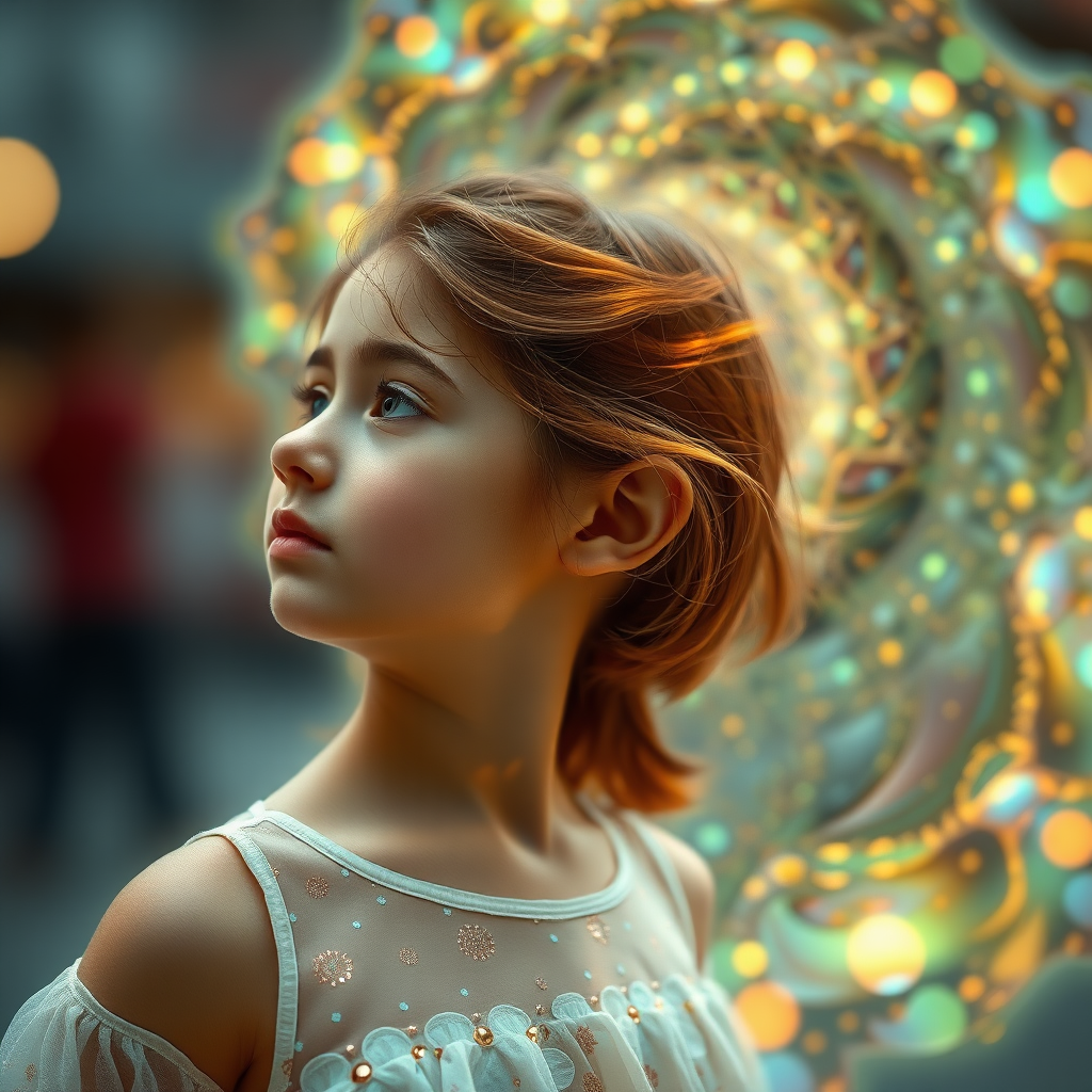 young preteen girl with aura, in dynamic pose, in profile, abstract, mandelbulb fractal, dynamic composition, street photography, fractal, brilliant colors, glittering, translucent, opal, gold, sharp focus, floral, mother of pearl, iridescent, natural, glowing, Bokeh, sacred geometry