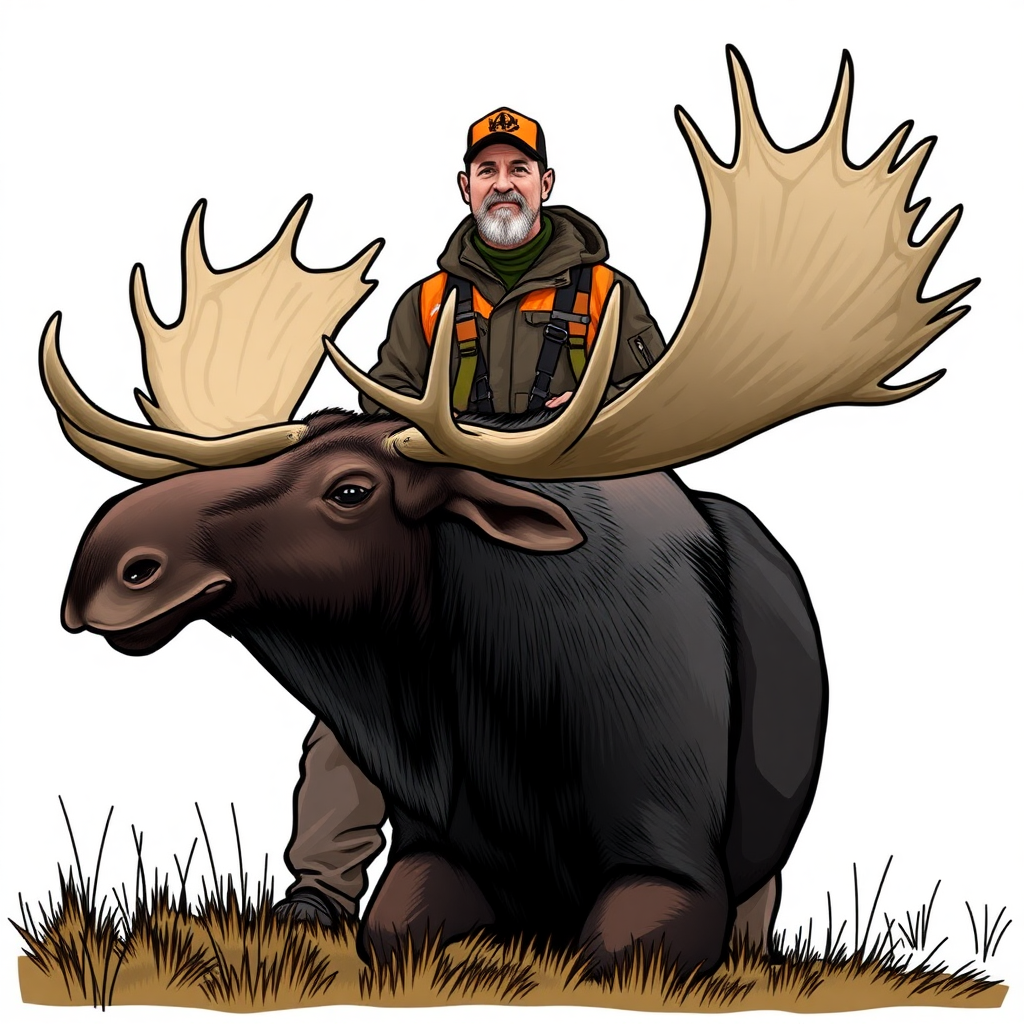 My cousin shot a big bull moose, and you know how hunters always take a picture with them behind it, to make it's rack look even bigger. Can you make me a funny cartoonish picture of a side angle of that? But put him like 20 feet behind the moose, to make it look like it wasn't a very big one.