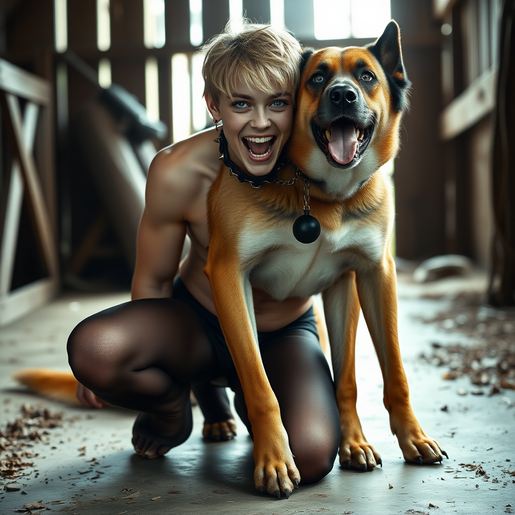 photorealistic, ultra high resolution, 16K, surreal fantasy, soft studio lighting, Caleb Swift is a pretty 16 year old goth male, slim male physique, blonde hair, blue eyes, goth makeup, earrings, sheer black pantyhose, spikey neck collar with chain, kneeling and leaning forward on the floor of the barn while his large dog rests its front legs on Caleb's back, during daytime, excited open mouth smile, small black ball-gag, drooling a stream of saliva from his mouth, bulging crotch, facing the camera.