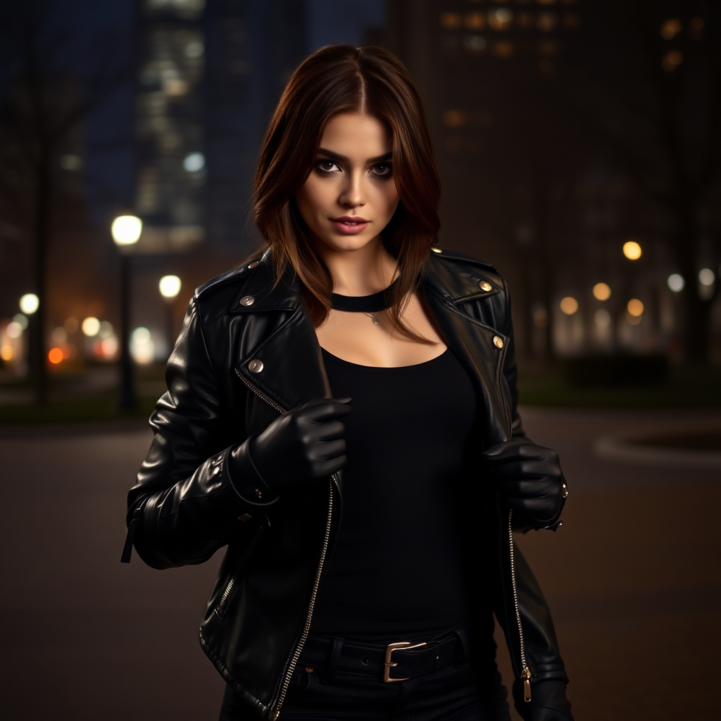 A beautiful brunette badass female burglar in black leather jacket over black t-shirt with black pants and gloves in Manhattan park at night.