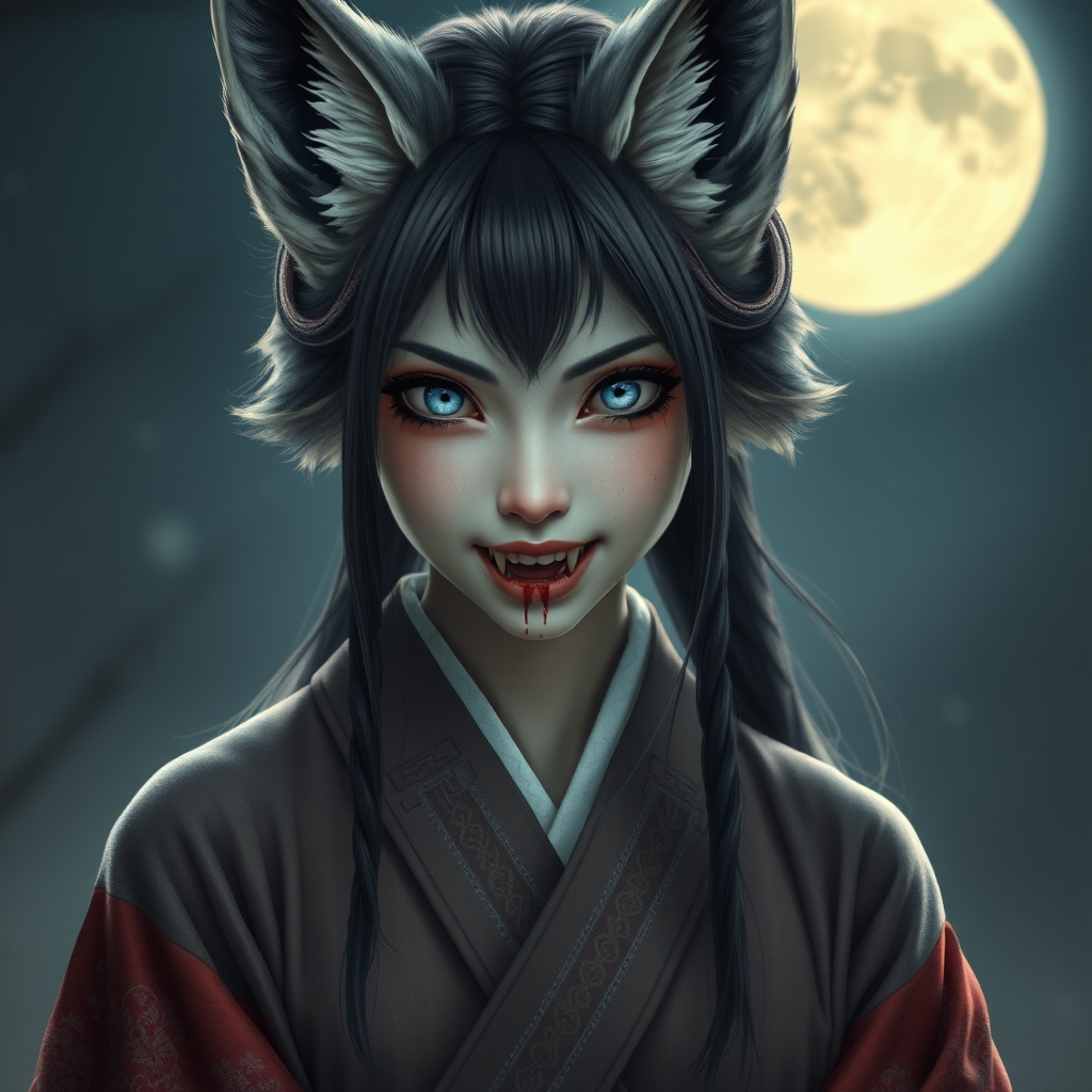 photorealistc style ancient eerie-looking kitsune-silverfox-girl with blue eyes with baring teeth with blood on the fox teeth, in ancient female hanbok, in front of the full moon