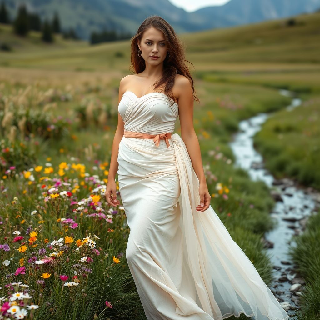 A buxom person in a flowing gown made of Saran wrap. She is standing in a field of wild flowers, with mountains in the background. A stream is running through the field.