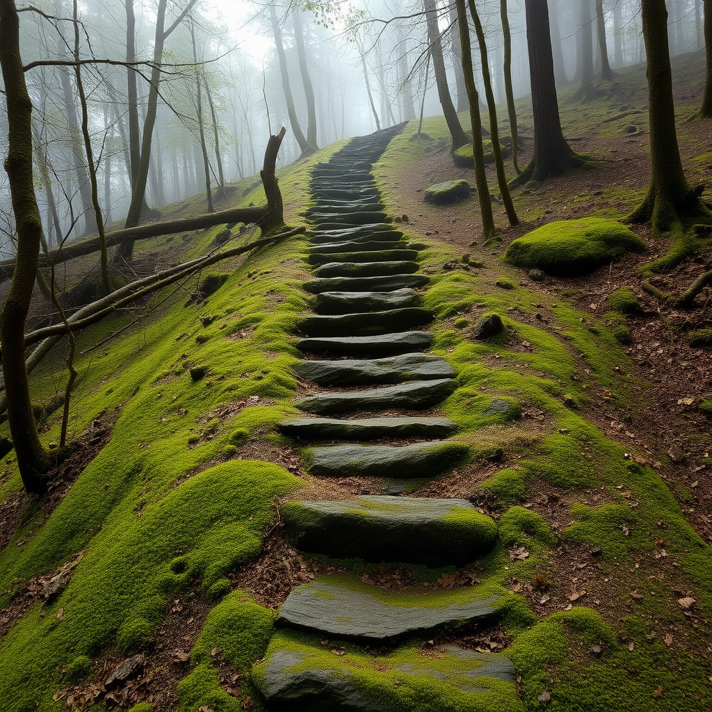 stepping stones leading up a hill that is overgrown in moss, trees, mist, raw photo