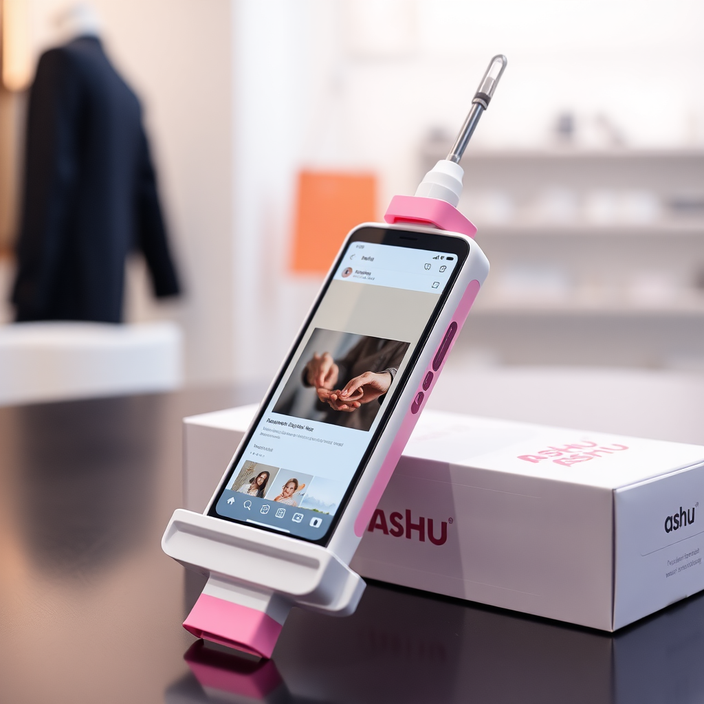 A close-up straight front view of a mobile phone in the shape inspired by a syringe, white pink futuristic, kept for sale leaning to a box with text Ashu and minimal design, in showroom, touchscreen phone with Instagram page open on screen, needle on top, whitepunk.