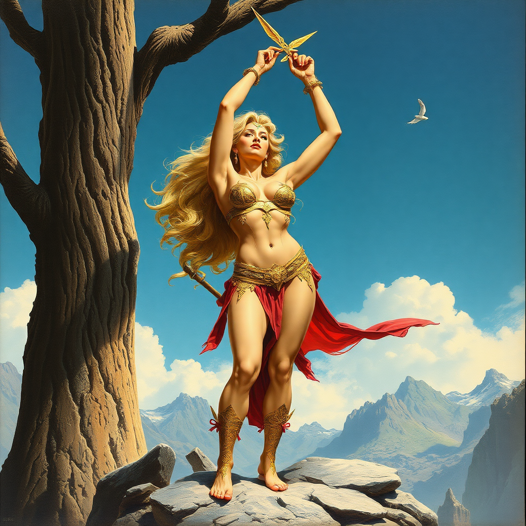 Imagine: if Frank Frazetta had originally painted Lady Godiva for adult comics - her arms up