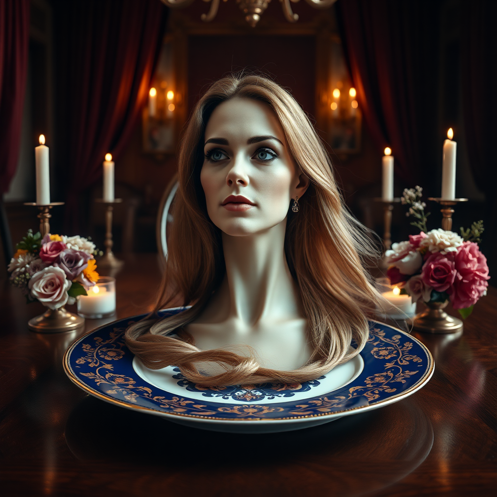 In a bizarre and captivating tableau, a surreal image unfolds: the elegantly poised, disembodied head of Kate Middleton, her features exquisitely refined, rests regally on an ornate porcelain plate. Her long, flowing hair cascades gracefully around the edges of the plate, reminiscent of golden silk streaming through the air. The striking contrast of her porcelain skin against the deep, rich hues of the plate—a royal blue adorned with intricate gold patterns—creates an unsettling yet alluring visual. 

The background is an opulent dining room, lavishly decorated with rich, velvet curtains that pool onto the polished mahogany floor. Soft candlelight flickers, casting dancing shadows that add an eerie charm to the scene. Delicate floral arrangements, bursting with vibrant colors, flank the plate, their sweet fragrance mingling with the subtle scent of polished wood and melting wax.

Beneath the eerie elegance, a haunting silence pervades the atmosphere, broken only by the soft clinking of fine china in the undisturbed room. There’s an unsettling juxtaposition between the beauty of her serene expression and the macabre idea of her being severed from her body, creating a palpable tension that captivates and unnerves the viewer. The entire composition invites the onlooker to ponder the surreal nature of beauty, identity, and the boundaries of perception, all encapsulated in this strikingly fantastical image.